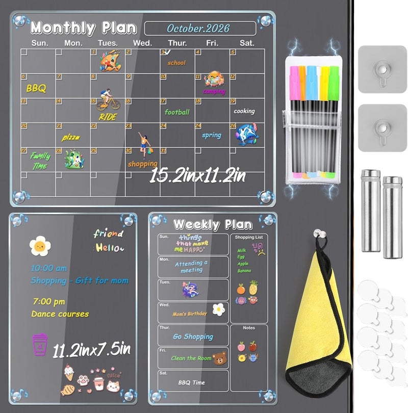 MIKEDE Fridge Calendar, 3 Pack Magnetic Calendar for Refrigerator, Clear Acrylic Dry Erase Board Whiteboard Magnetic Planning Boards Set, Includes 6 Colors Markers, Magnet Pen Holder, Towel - Image 1